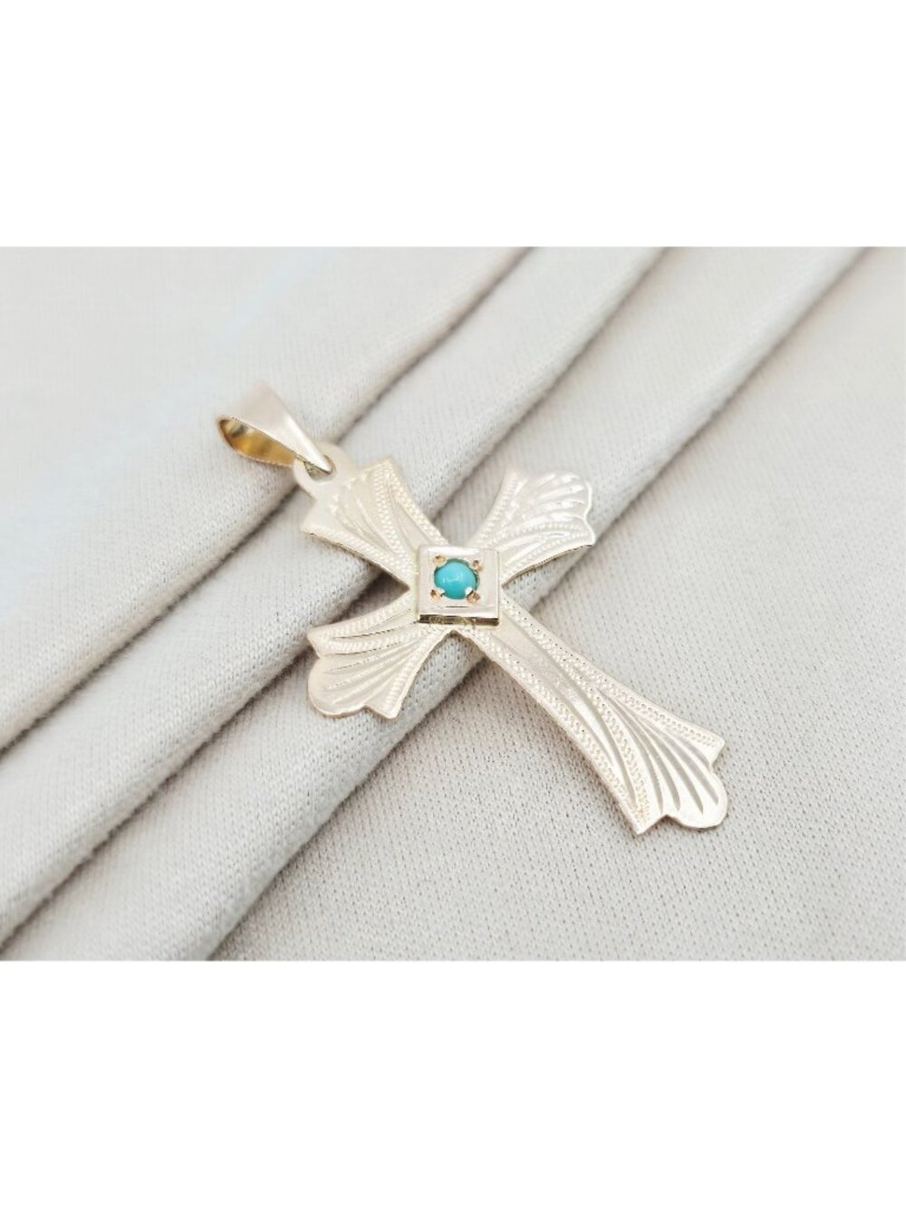 Unique 14K Solid Rose Gold Diamond Cut Religious Turquoise Cross Charm Pendant